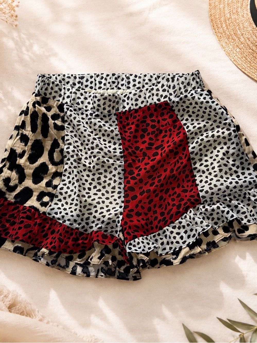 Umgee Leopard Patchwork Ruffle Hem Shorts - Red, Beige, Black